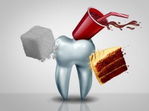 Giant tooth being attacked by dark cola, cake, and sugar cube